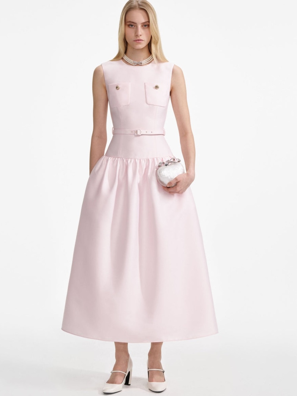 NWOT Self-Portrait Pale Pink Taffeta Belted Midi Dress - Picture 1 of 9